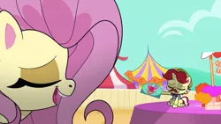 Size: 2224x1251 | Tagged: safe, derpibooru import, screencap, flim, fluttershy, my little pony: pony life, spoiler:pony life s02e19, female, giantess, giantshy, image, lolly-pop, macro, png