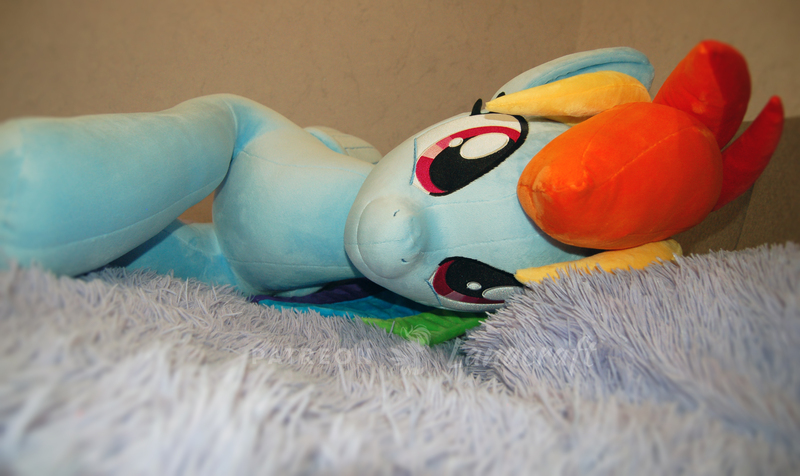 Size: 3008x1790 | Tagged: safe, artist:lanacraft, derpibooru import, rainbow dash, original species, plush pony, pony, bed, image, jpeg, plushie