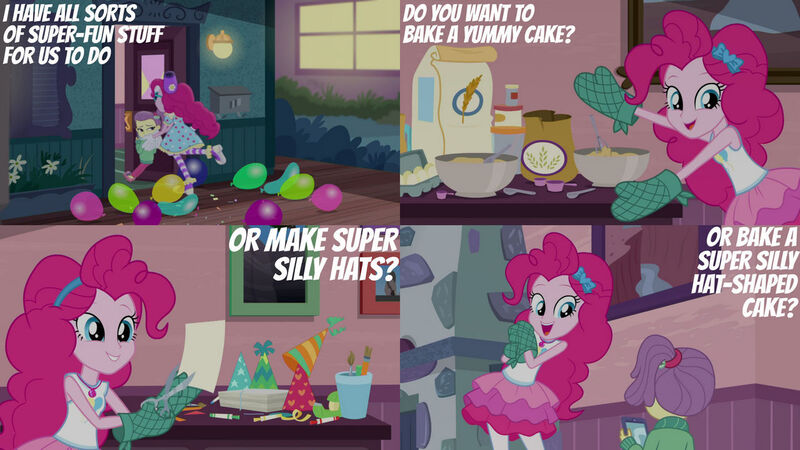 Size: 1280x720 | Tagged: safe, derpibooru import, edit, edited screencap, editor:quoterific, screencap, lily pad (equestria girls), pinkie pie, equestria girls, equestria girls series, pinkie sitting, balloon, clothes, cute, cutie mark, cutie mark on clothes, diapinkes, female, flour, geode of sugar bombs, hat, image, jewelry, jpeg, magical geodes, necklace, open mouth, party hat, smiling, tanktop