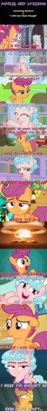 Size: 1154x9869 | Tagged: safe, artist:alphamonouryuuken, derpibooru import, edit, edited screencap, screencap, cozy glow, scootaloo, campfire tales, parental glideance, school raze, the show stoppers, what lies beneath, comic, explosion, female, image, implied cozyloo, implied death, implied murder, lesbian, png, popular ship dynamics, screencap comic, ship, text