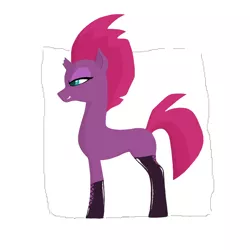 Size: 900x900 | Tagged: suggestive, artist:kody wiremane, derpibooru import, tempest shadow, bedroom eyes, broken horn, clothes, cropped, digital art, female, full body, horn, image, laces, latex, latex socks, latex stockings, mohawk, png, side view, simple background, smiling, smirk, socks, solo, solo female, stockings, thigh highs
