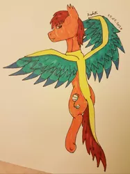 Size: 2750x3667 | Tagged: safe, artist:agdapl, derpibooru import, ponified, pegasus, pony, flying, image, jpeg, looking back, male, scout, signature, stallion, team fortress 2, traditional art, two toned wings, wings