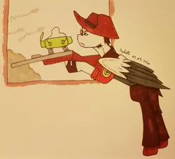 Size: 2527x2298 | Tagged: safe, artist:agdapl, derpibooru import, ponified, pegasus, pony, clothes, glasses, gun, hat, image, jpeg, male, rifle, signature, sniper, stallion, team fortress 2, traditional art, two toned wings, weapon, wings