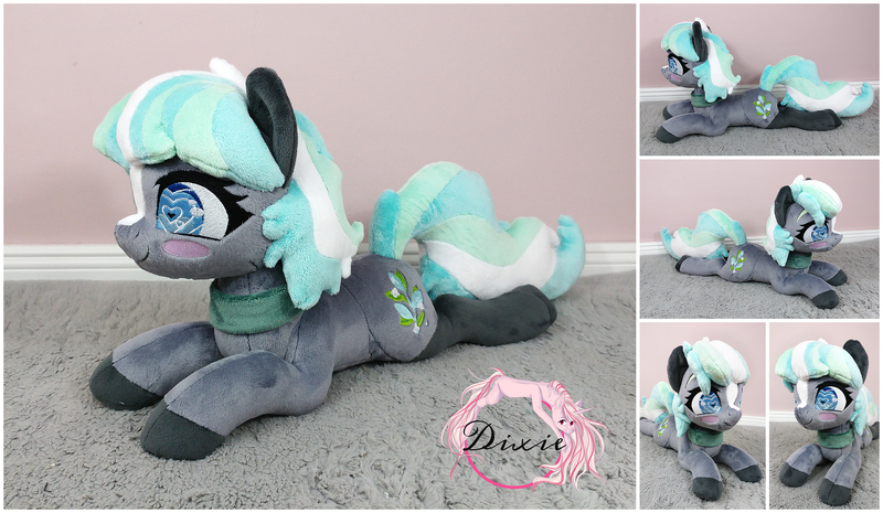 Size: 2228x1294 | Tagged: safe, artist:dixierarity, derpibooru import, oc, oc:salvia, commission, handmade, heart, image, jpeg, laying pony, plushie, smiling