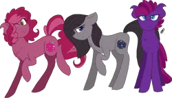 Size: 2251x1287 | Tagged: safe, artist:gallantserver, derpibooru import, oc, oc:blackberry pie, oc:huckleberry pie, oc:raspberry sugarcane, unofficial characters only, earth pony, pony, female, image, magical lesbian spawn, male, mare, offspring, parent:pinkie pie, parent:tempest shadow, parents:tempestpie, png, stallion