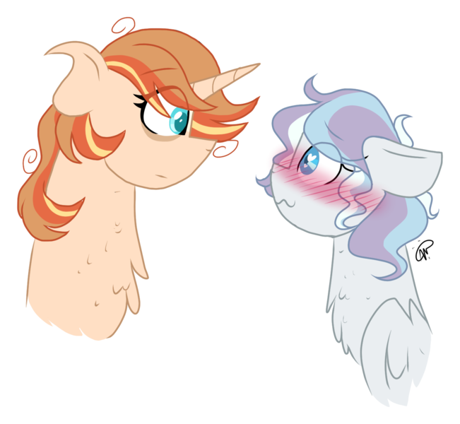 Size: 1354x1247 | Tagged: safe, artist:gallantserver, derpibooru import, oc, oc:autumn spice, oc:winter solstice, unofficial characters only, pegasus, pony, unicorn, blushing, bust, female, heart eyes, image, mare, oc x oc, offspring, parent:princess cadance, parent:princess celestia, parent:shining armor, parent:sunburst, parents:celestiburst, parents:shiningcadance, png, shipping, simple background, transparent background, wingding eyes