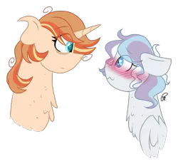 Size: 1354x1247 | Tagged: safe, artist:gallantserver, derpibooru import, oc, oc:autumn spice, oc:winter solstice, unofficial characters only, pegasus, pony, unicorn, blushing, bust, female, heart eyes, image, mare, oc x oc, offspring, parent:princess cadance, parent:princess celestia, parent:shining armor, parent:sunburst, parents:celestiburst, parents:shiningcadance, png, shipping, simple background, transparent background, wingding eyes