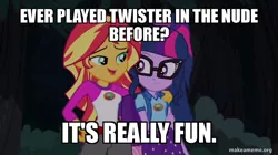 Size: 800x449 | Tagged: suggestive, derpibooru import, edit, edited screencap, screencap, sci-twi, sunset shimmer, twilight sparkle, human, equestria girls, legend of everfree, caption, duo, duo female, female, glasses, image, image macro, implied nudity, jpeg, open mouth, text