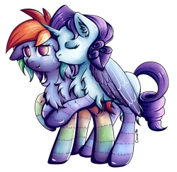 Size: 3462x3362 | Tagged: safe, artist:coco-drillo, derpibooru import, rainbow dash, rarity, pegasus, pony, unicorn, alternate hairstyle, blushing, chest fluff, clothes, commission, couple, cute, ear fluff, eyes closed, female, floppy ears, hug, image, kiss on the cheek, kissing, lesbian, png, raridash, shipping, simple background, smooch, socks, stockings, striped socks, thigh highs, transparent background, winghug, wings