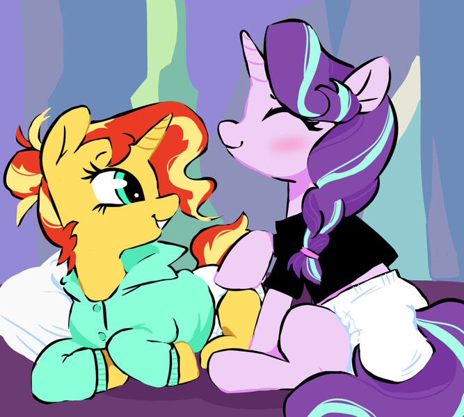 Size: 1280x1152 | Tagged: suggestive, artist:onc3l3rphobix, derpibooru import, starlight glimmer, sunset shimmer, pony, clothes, diaper, diaper fetish, fetish, hoodie, image, jpeg, sleepover