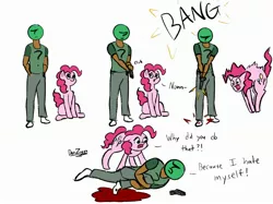 Size: 2732x2048 | Tagged: semi-grimdark, artist:datzigga, derpibooru import, pinkie pie, oc, oc:anon, earth pony, human, pony, blood, gallows humor, gun, gunshot, image, injured, jpeg, self harm, weapon