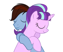 Size: 886x744 | Tagged: safe, artist:culu-bluebeaver, derpibooru import, starlight glimmer, oc, oc:bluehooves, earth pony, pony, unicorn, comic:the newcomer, eyes closed, female, hug, image, male, mare, png, s5 starlight, simple background, smiling, stallion, straight, transparent background