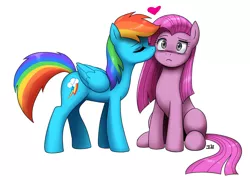 Size: 1100x791 | Tagged: safe, artist:johnjoseco, derpibooru import, pinkie pie, rainbow dash, earth pony, pegasus, pony, eyes closed, female, image, jpeg, kiss on the cheek, kissing, mare, pinkamena diane pie, redraw, simple background, sitting, white background