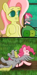 Size: 3000x6000 | Tagged: safe, artist:a-jaller, derpibooru import, derpy hooves, fluttershy, pinkie pie, earth pony, pegasus, pony, biting, image, one winged pegasus, png, wing bite