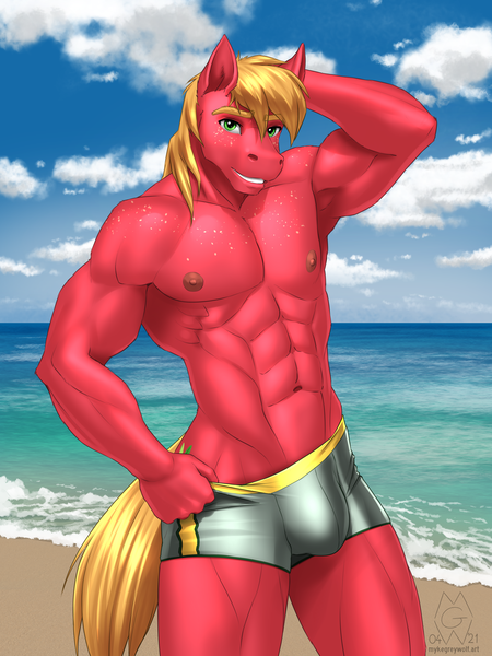 Size: 4500x6000 | Tagged: suggestive, artist:mykegreywolf, derpibooru import, big macintosh, anthro, earth pony, absurd resolution, beach, crotch bulge, cutie mark, fetish, image, male, muscle fetish, muscles, muscular male, ocean, png, sand, smiling, solo, solo male