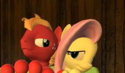 Size: 764x449 | Tagged: safe, artist:hectorlongshot, derpibooru import, edit, big macintosh, fluttershy, anthro, 3d, cropped, female, fluttermac, image, male, png, shipping, straight, toes