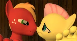 Size: 708x383 | Tagged: safe, artist:hectorlongshot, derpibooru import, edit, big macintosh, fluttershy, anthro, 3d, boop, cropped, female, fluttermac, image, lidded eyes, looking into each others eyes, male, noseboop, png, shipping, smiling, straight, toes