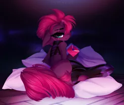 Size: 3967x3359 | Tagged: suggestive, artist:tomness, deleted from derpibooru, derpibooru import, tempest shadow, pony, unicorn, bed, blurred background, broken horn, clothes, female, floppy ears, hair over one eye, horn, image, laying on bed, letter, looking at you, looking back, looking back at you, love letter, lying down, mare, on bed, pillow, png, scar, socks, solo, solo female, thigh highs