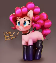 Size: 2281x2546 | Tagged: suggestive, artist:pabbley, derpibooru import, pinkie pie, earth pony, pony, blushing, choker, clothes, dialogue, female, image, jpeg, lip bite, smiling, socks, solo, solo female, sweat, tail wrap, thigh highs