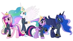 Size: 5360x3008 | Tagged: safe, artist:alandssparkle, artist:andoanimalia, artist:ponygamer2020, derpibooru import, princess cadance, princess celestia, princess luna, twilight sparkle, twilight sparkle (alicorn), alicorn, pony, fallout equestria, absurd resolution, alicorn tetrarchy, alicorn triarchy, clothes, crown, facing you, fallout, female, group, image, jewelry, jumpsuit, looking at you, mare, pipboy, png, regalia, royal sisters, siblings, simple background, sisters, smiling, smiling at you, transparent background, vault suit, vector