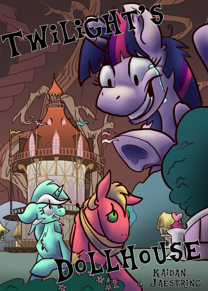 Size: 1000x1400 | Tagged: grimdark, artist:jaestring, derpibooru import, big macintosh, lyra heartstrings, twilight sparkle, cover art, horror, image, png