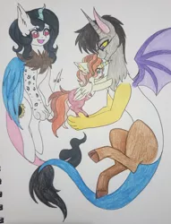 Size: 1275x1665 | Tagged: safe, artist:theumbramistress, derpibooru import, oc, oc:eclipse, oc:enigma, oc:leah, unofficial characters only, draconequus, hybrid, draconequus hybrid, draconequus oc, female, image, interspecies offspring, jpeg, male, offspring, parent:discord, parent:princess celestia, parents:dislestia, siblings, traditional art