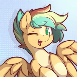 Size: 2000x2000 | Tagged: safe, artist:theparagon, derpibooru import, pegasus, pony, abstract background, bust, colored hooves, female, green eyes, image, jpeg, looking at you, mare, one eye closed, portrait, signature, solo, spread wings, wings, wink