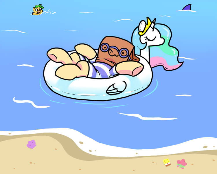 Size: 1500x1200 | Tagged: safe, artist:paperbagpony, derpibooru import, princess celestia, oc, oc:paper bag, pony, shark, beach, clothes, cute, floaty, goggles, image, inflatable toy, ocean, png, pool toy, sand, seashell, spongebob squarepants, swimsuit