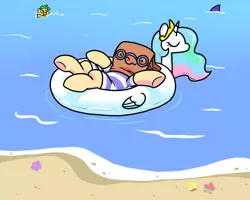 Size: 1500x1200 | Tagged: safe, artist:paperbagpony, derpibooru import, princess celestia, oc, oc:paper bag, pony, shark, beach, clothes, cute, floaty, goggles, image, inflatable toy, ocean, png, pool toy, sand, seashell, spongebob squarepants, swimsuit
