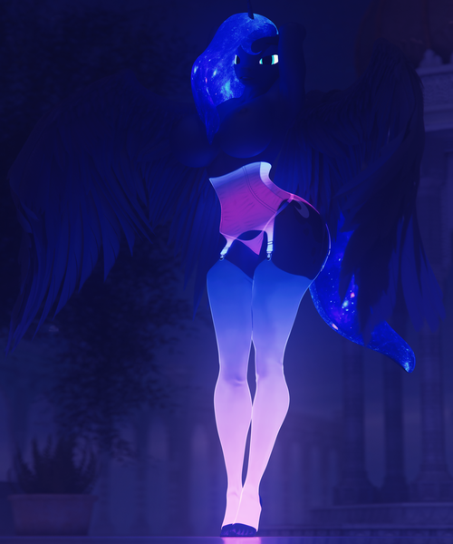 Size: 5000x6000 | Tagged: questionable, artist:dashie116, derpibooru import, princess luna, alicorn, anthro, pony, 3d, big breasts, breasts, busty princess luna, clothes, corset, dark, daz studio, feet, female, glowing eyes, glowing lingerie, image, lingerie, looking at you, mare, night, nipples, nudity, panties, partial nudity, png, socks, solo, solo female, stretching, thigh highs, underwear, wings