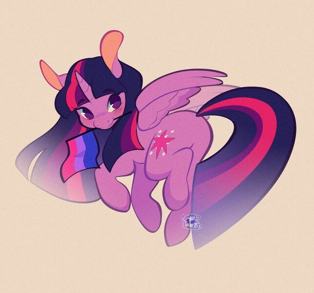 Size: 2048x1911 | Tagged: safe, artist:leapinglambs, derpibooru import, twilight sparkle, twilight sparkle (alicorn), alicorn, pony, bisexual pride flag, female, headcanon, image, jpeg, lgbt headcanon, mare, mouthpiece, pride, pride flag, sexuality headcanon, simple background, solo