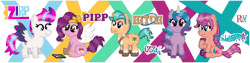 Size: 1200x300 | Tagged: safe, artist:jazminakarainy, derpibooru import, hitch trailblazer, izzy moonbow, pipp petals, sunny starscout, zipp storm, pony, animated, colored wings, cutie mark, eye shimmer, front view, g5, gif, image, multicolored hair, multicolored wings, phone, raised hoof, sitting, spread wings, text, that pony sure does love phones, wings