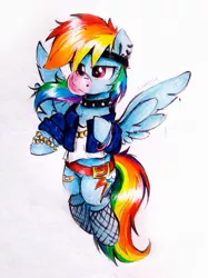 Size: 1903x2539 | Tagged: safe, artist:liaaqila, derpibooru import, rainbow dash, pegasus, pony, bandaid, belt, bracelet, bubblegum, chains, choker, clothes, ear piercing, earring, female, food, gum, headband, image, jacket, jewelry, jpeg, mare, piercing, redraw, shirt, simple background, solo, spiked choker, t-shirt, traditional art, white background, wristband