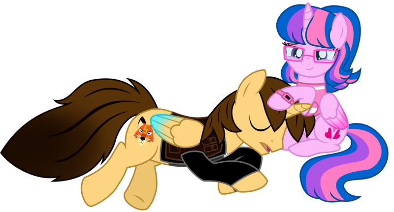 Size: 11376x6132 | Tagged: safe, artist:ejlightning007arts, derpibooru import, oc, oc:ej, oc:hsu amity, alicorn, pony, alicorn oc, amityej, clothes, comforting, cute, female, glasses, glowing wings, hoof on head, horn, image, jacket, male, oc x oc, png, shipping, shirt, simple background, sleeping, straight, transparent background, vector, watch, wings