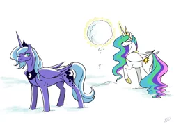 Size: 2352x1680 | Tagged: safe, artist:valkyrie-girl, derpibooru import, princess celestia, princess luna, alicorn, pony, duo, duo female, female, image, jpeg, magic, mare, royal sisters, siblings, sisters, snow, snowball, telekinesis