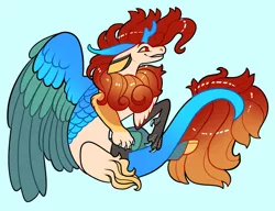 Size: 3000x2300 | Tagged: safe, artist:loryska, derpibooru import, oc, draconequus, blue background, image, offspring, parent:autumn blaze, parent:discord, png, simple background, solo