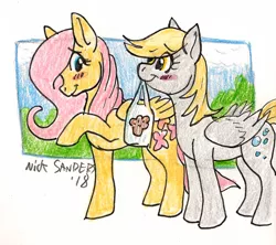 Size: 738x654 | Tagged: safe, artist:wolfy-t, derpibooru import, derpy hooves, fluttershy, pegasus, pony, bag, blushing, derpyshy, female, image, lesbian, mouth hold, png, shipping, traditional art