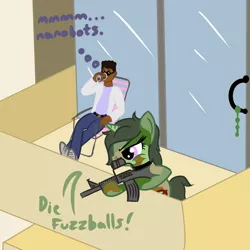 Size: 1200x1200 | Tagged: safe, artist:dafiltafish, derpibooru import, oc, oc:doc, oc:friendly fire, human, pony, balcony, chair, gun, image, lawn chair, mad scientist, png, story:remastering, text, transformation, weapon