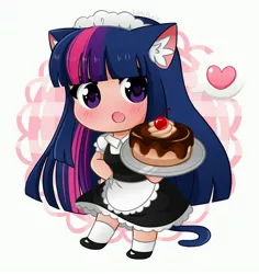 Size: 3871x4096 | Tagged: safe, artist:kittyrosie, derpibooru import, twilight sparkle, cat, human, absurd resolution, anime, blushing, cake, catgirl, clothes, cute, ear fluff, fangs, floating heart, food, heart, humanized, image, jpeg, maid, open mouth, shoes, simple background, tail, tailed humanization, twiabetes
