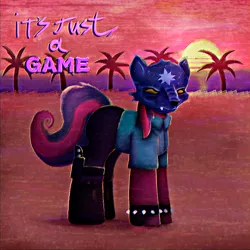 Size: 3000x3000 | Tagged: semi-grimdark, alternate version, artist:menalia, derpibooru import, oc, oc:catrine, unofficial characters only, earth pony, pony, aesthetics, beach, boots, clothes, female, gloves, hotline miami, image, jpeg, knife, mare, mask, ocean, palm tree, pants, shirt, shoes, sun, text, tree, vhs, weapon