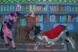 Size: 3157x2113 | Tagged: safe, artist:meno-chara, derpibooru import, king sombra, twilight sparkle, twilight sparkle (alicorn), alicorn, pony, unicorn, bookshelf, candle, cape, clothes, duo, eye mist, female, glowing horn, horn, image, jpeg, library, male, mare, stallion, traditional art