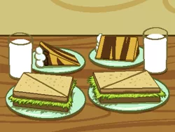 Size: 800x600 | Tagged: safe, artist:rangelost, derpibooru import, cyoa:d20 pony, cake, cup, food, image, milk, no pony, plate, png, sandwich