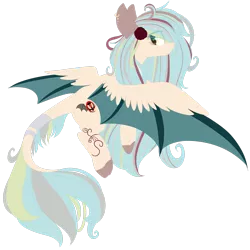 Size: 2449x2449 | Tagged: safe, artist:mediasmile666, derpibooru import, oc, unofficial characters only, original species, bat wings, coat markings, colored hooves, ear piercing, earring, feathered bat wings, flower, flower in hair, flying, image, jewelry, looking at you, looking back, looking back at you, piercing, png, simple background, spread wings, transparent background, wings