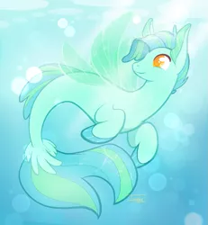 Size: 923x1000 | Tagged: safe, artist:janisar, derpibooru import, oc, unofficial characters only, seapony (g4), bubble, clothes, crepuscular rays, dorsal fin, fins, fin wings, fish tail, flowing tail, image, orange eyes, png, see-through, signature, smiling, solo, sunlight, swimming, tail, underwater, water, wings