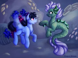 Size: 1366x1024 | Tagged: safe, artist:hopes-dream, derpibooru import, oc, unofficial characters only, hybrid, merpony, pegasus, pony, sea pony, bubble, clothes, coral, fangs, female, fin wings, image, jpeg, looking at each other, ocean, open mouth, pink eyes, purple eyes, seashell, seaweed, see-through, swimming, tail, underwater, water, wings