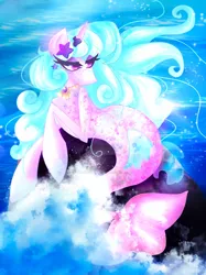 Size: 1280x1707 | Tagged: safe, artist:bubblegumbloo, derpibooru import, oc, unofficial characters only, pony, seapony (g4), starfish, unicorn, blue mane, clothes, colored pupils, deviantart watermark, dorsal fin, eyelashes, female, fins, fish tail, flowing mane, flowing tail, horn, image, jewelry, jpeg, necklace, obtrusive watermark, ocean, purple eyes, rock, seaponified, see-through, solo, species swap, sunlight, tail, water, watermark