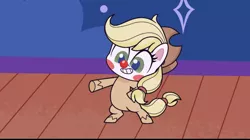 Size: 828x464 | Tagged: safe, derpibooru import, screencap, applejack, my little pony: pony life, spoiler:pony life, spoiler:pony life s02e24, applejack's hat, bipedal, clown, clown makeup, clown nose, cowboy hat, female, hat, image, jpeg, mad props, pointing, solo, teeth