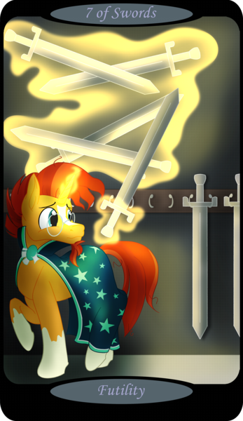 Size: 1500x2591 | Tagged: safe, artist:sixes&sevens, derpibooru import, part of a set, sunburst, unicorn, cloak, clothes, glasses, image, levitation, looking back, magic, male, minor arcana, png, seven of swords, solo, stealing, sunburst's cloak, sunburst's glasses, sword, tarot card, telekinesis, weapon