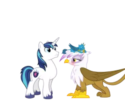 Size: 1280x1024 | Tagged: safe, artist:cloudyglow, artist:parclytaxel, artist:zutheskunk edits, derpibooru import, edit, vector edit, gallus, gilda, shining armor, gryphon, unicorn, alternate universe, blushing, chickub, father and child, father and son, female, gildarmor, image, interspecies, interspecies offspring, male, mother and child, mother and son, offspring, parent:shining armor, parents:gildarmor, png, shipping, simple background, sleeping, smiling, straight, transparent background, vector, younger