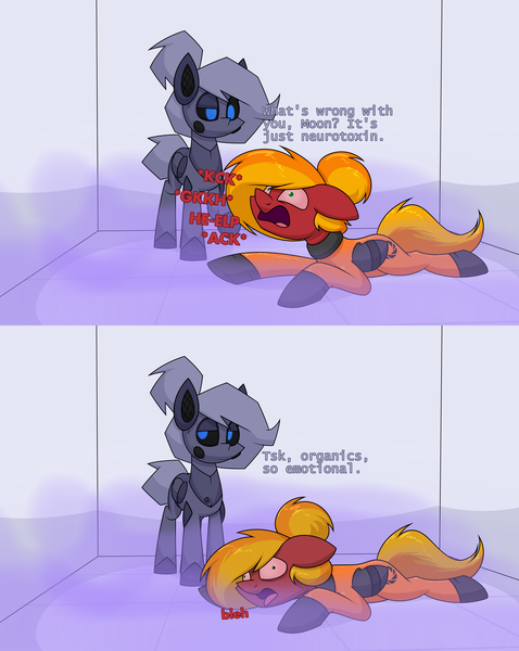 Size: 3004x3772 | Tagged: grimdark, artist:moonatik, derpibooru import, oc, oc:moonatik, oc:selenite, unofficial characters only, pegasus, pony, robot, robot pony, 2 panel comic, aperture science, boots, bound wings, choking, clothes, collar, comic, dead, death, dialogue, dying, gas, hair bun, image, latex, latex suit, lying down, male, neurotoxin, pegasus oc, png, portal (valve), raised hoof, roboticization, shoes, stallion, tail bun, tongue out, wings